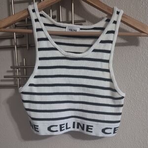 Celine White & Black Striped Ribbed Crop Tank